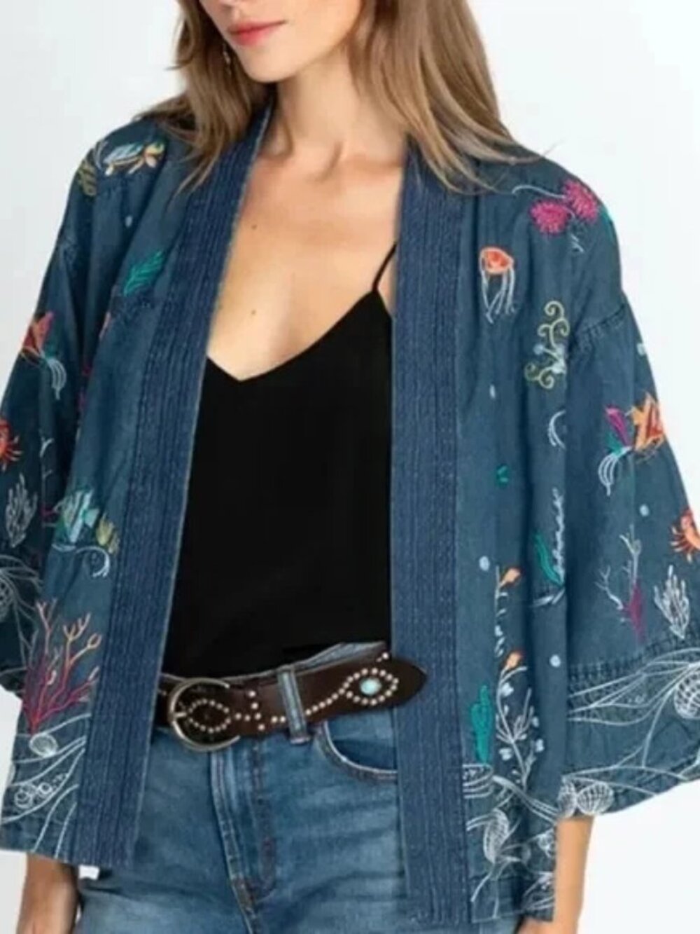 Share Johnny Was Blue Coralie Embroidered Cropped Kimono Jacket Sz M